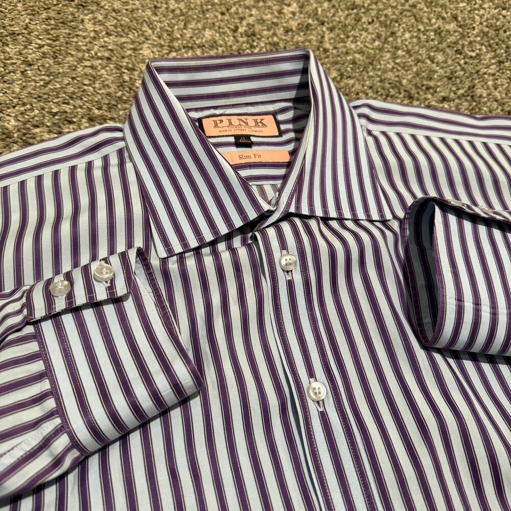 Thomas Pink Jermyn Street Slim Fit Stripe Shirt 17/43 Purple